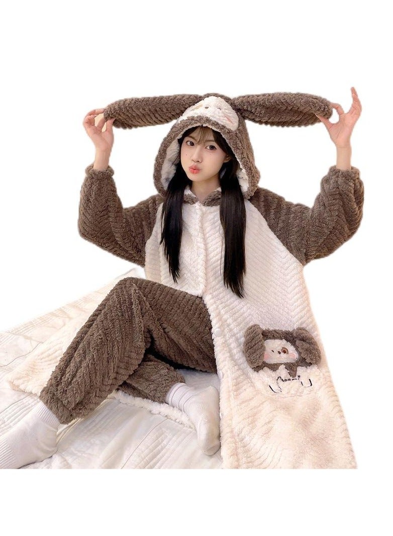 KUYING Winter jacquard large V velvet pajamas with a two-piece hooded set for home wear and pajamas - Image 1