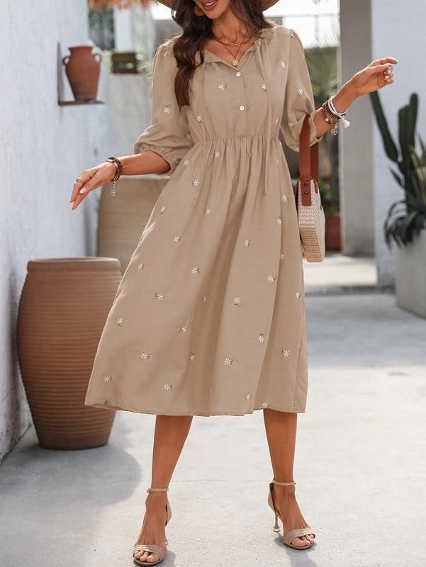 SMOWKLY Cotton Blend Women's Casual Dress Mid-Length Maxi Dress for Woman ||Stylish Frocks for Women ||One Piece Dress for Women || Long Midi Dress for Woman || Party & Beach Wear Beige - Image 4