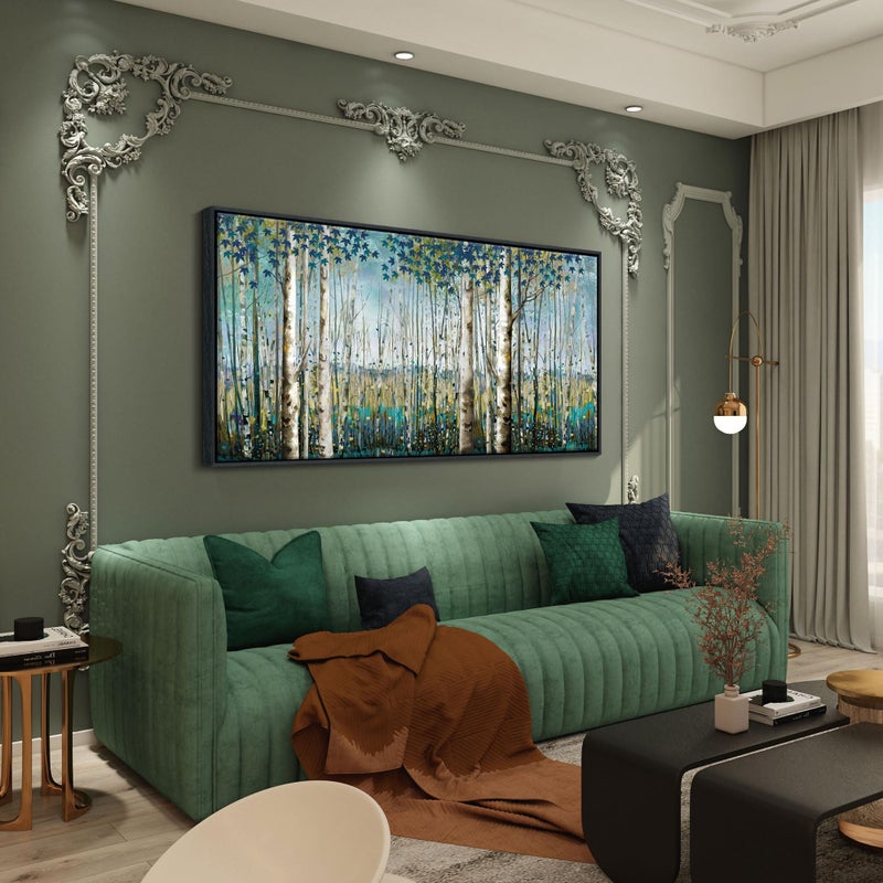 Pogusmavi Tree of Life Wall Art - Large Nature Birch Tree Canvas Painting for Home Decor | Framed Green Artwork for Living Room, Bedroom, and Office | Teal Wall Art Decoration 24x48 Inch - Image 4