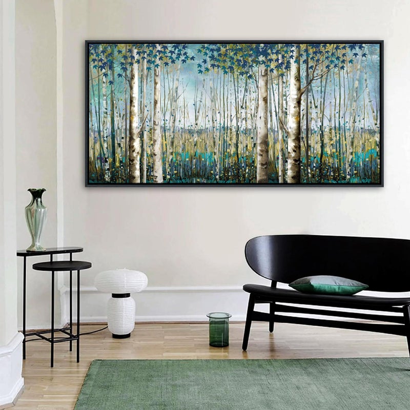 Pogusmavi Tree of Life Wall Art - Large Nature Birch Tree Canvas Painting for Home Decor | Framed Green Artwork for Living Room, Bedroom, and Office | Teal Wall Art Decoration 24x48 Inch - Image 5