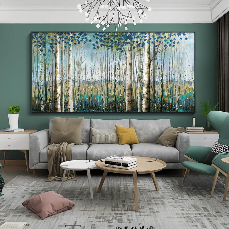 Pogusmavi Tree of Life Wall Art - Large Nature Birch Tree Canvas Painting for Home Decor | Framed Green Artwork for Living Room, Bedroom, and Office | Teal Wall Art Decoration 24x48 Inch - Image 1