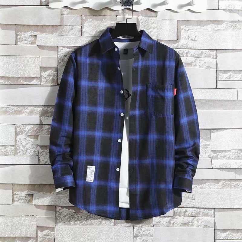 Spring and Autumn Thin Plaid Long-sleeved Shirt Mens Loose Ins Fashionable Korean Style Shirt Mens Work Clothes for Construction Site Blue 6605