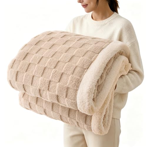 Gracelife Sherpa Throw Blanket for Couch Flannel Cozy Soft Thick Blanket for Bed Fleece Beige 60x80 Inches - Image 1