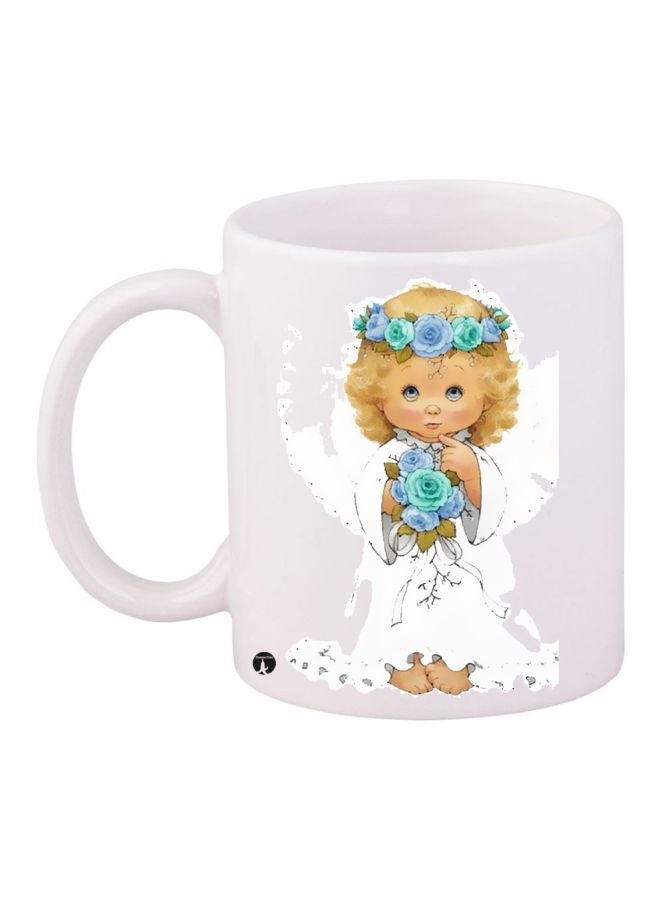 RYN Girl With Flowers Printed Coffee Mug White/Beige/Blue 11ounce