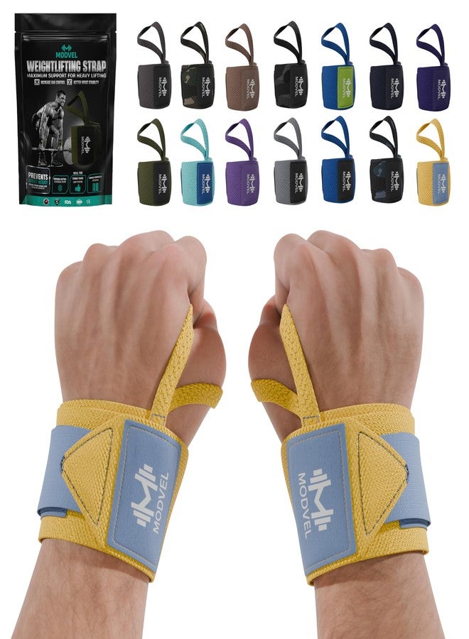 Modvel Adjustable Wrist Wraps for Gym & Lifting – Thick, Breathable Support Straps for Wrist Stability, Comfort & Grip – Ideal for Weight Training, CrossFit & Gym Workouts – Yellow/Sky Blue (2-Pack) - Image 1