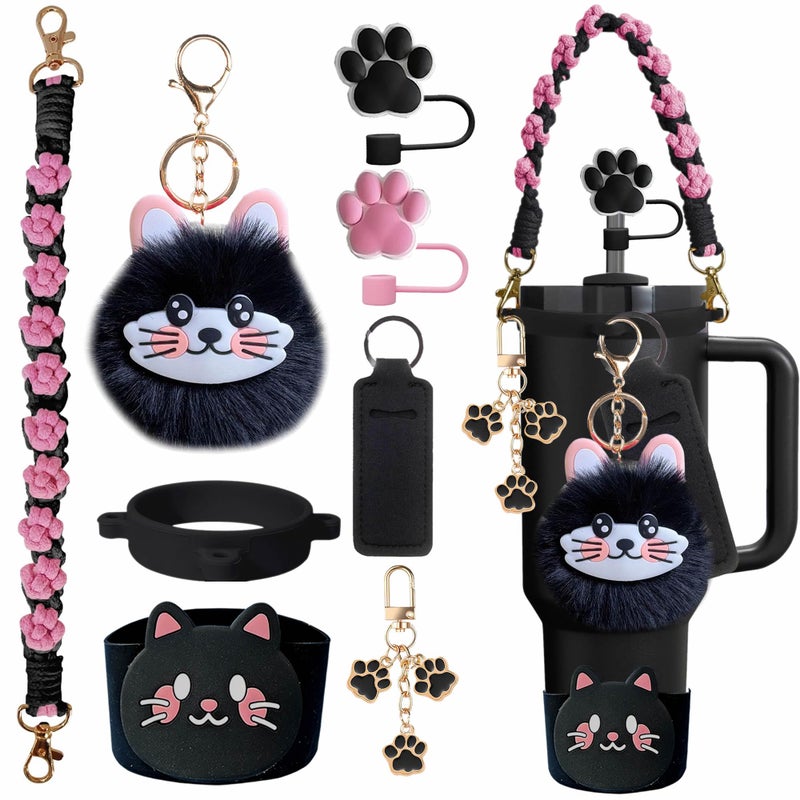 FRZSHENG 8PCS Cat Tumbler Accessories Set for Stanley Cup 30/40 oz â€“ Includes Cat Paw Straw Toppers, Handle Strap, Silicone Boot, Fluffy Cat Charms, Keychain & Lip Balm Sleeve for Cat Lovers (Black) - Image 1