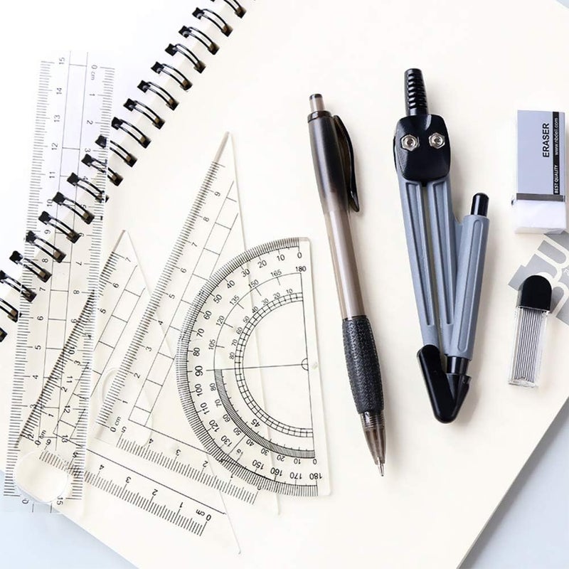 NORACLAN Math Geometry Kit Set 8 Pieces Student Supplies with Shatterproof Storage Box,Includes Rulers,Protractor,Compass,Pencil Lead Refills,Pencil,Eraser.for Students and Engineering Drawings - Image 3