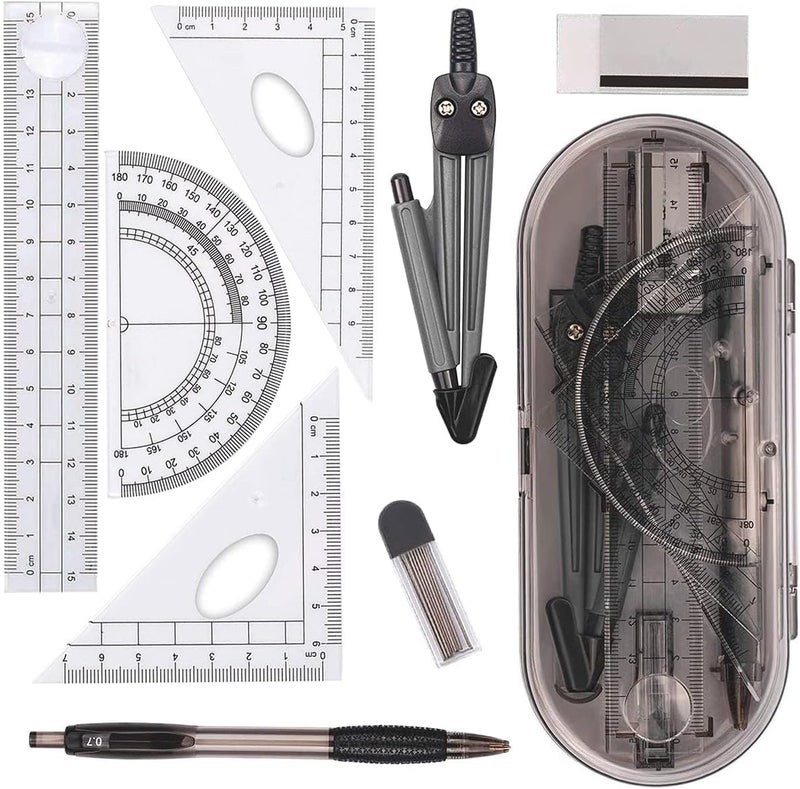 NORACLAN Math Geometry Kit Set 8 Pieces Student Supplies with Shatterproof Storage Box,Includes Rulers,Protractor,Compass,Pencil Lead Refills,Pencil,Eraser.for Students and Engineering Drawings - Image 1