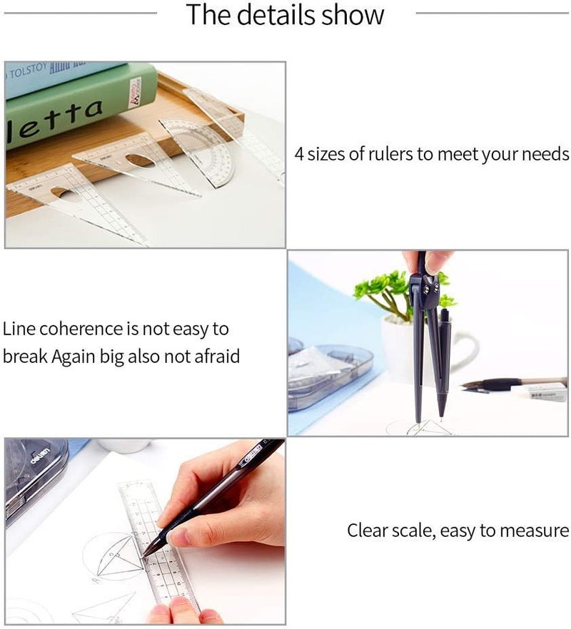 NORACLAN Math Geometry Kit Set 8 Pieces Student Supplies with Shatterproof Storage Box,Includes Rulers,Protractor,Compass,Pencil Lead Refills,Pencil,Eraser.for Students and Engineering Drawings - Image 4