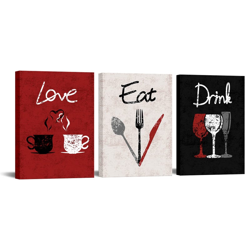 RnnJoile 3 Piece Red Kitchen Decor Love Eat Drink Canvas Wall Art Pictures Set Dinning Room Wall Accessories for Women Her Restaurants Chef Framed 12x16