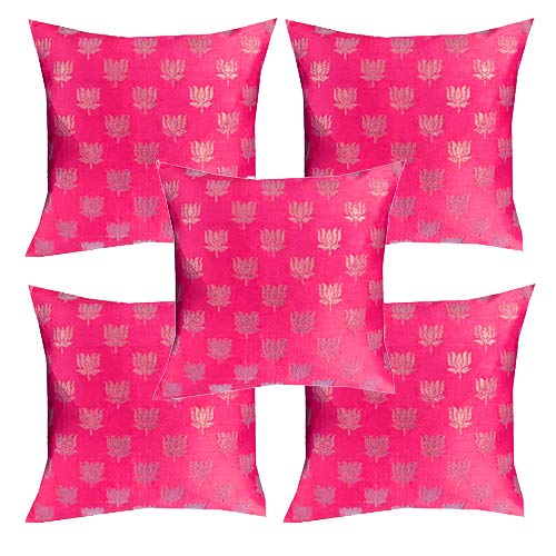 VIREO VIREO Jacquard silk with gold lotus motiv cushion cover with 12x12 inch set of 5 