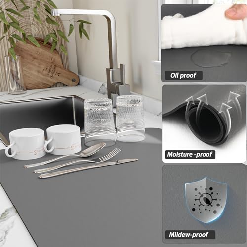 HotLive Dish Drying Mat for Kitchen Counter, Heat Resistant Drainer Mats with Non-slip Rubber Backed, Hide Stain Kitchen Super Absorbent Draining Mat, Easy to Clean Dish Rack Pad, Dark Grey 16"x20" - Image 3