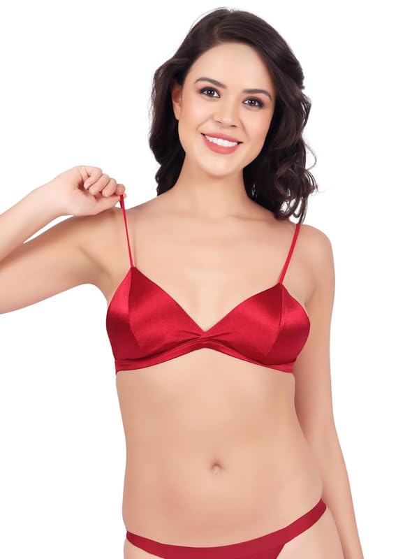 Luella Women Padded Seamless Deep V Plunge Satin Bra Red - Image 1