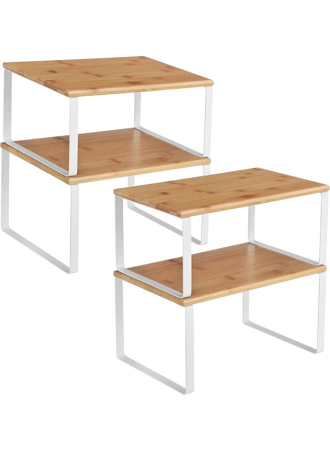 SONGMICS منظم خزائن المطبخ من سونغميكس، مجموعة من 4 رفوف تخزين على الطاولة، قابلة للتكديس، رفوف توابل قابلة للتوسيع، معدنية وخشبية، بيضاء وطبيعية - Image 1