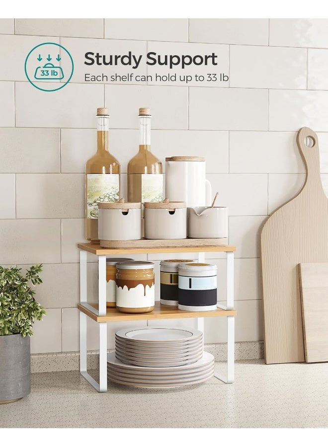 SONGMICS منظم خزائن المطبخ من سونغميكس، مجموعة من 4 رفوف تخزين على الطاولة، قابلة للتكديس، رفوف توابل قابلة للتوسيع، معدنية وخشبية، بيضاء وطبيعية - Image 5