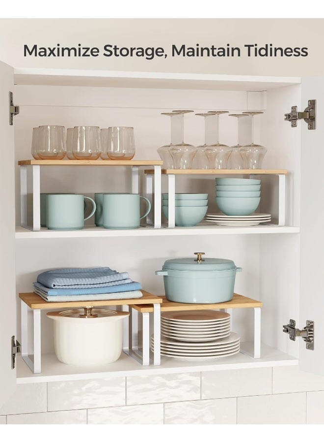 SONGMICS منظم خزائن المطبخ من سونغميكس، مجموعة من 4 رفوف تخزين على الطاولة، قابلة للتكديس، رفوف توابل قابلة للتوسيع، معدنية وخشبية، بيضاء وطبيعية - Image 4