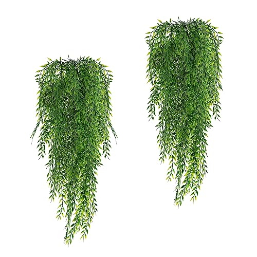 herfate Fake Garland Hanging Vines 4 PC Artificial Weeping Willow Leaves Fake Greenery Faux Plants Realistic Home Office Decoration Indoor Outdoor (Green) - Image 1