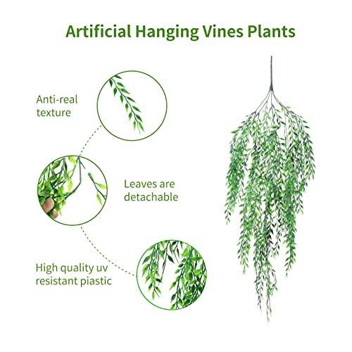 herfate Fake Garland Hanging Vines 4 PC Artificial Weeping Willow Leaves Fake Greenery Faux Plants Realistic Home Office Decoration Indoor Outdoor (Green) - Image 3