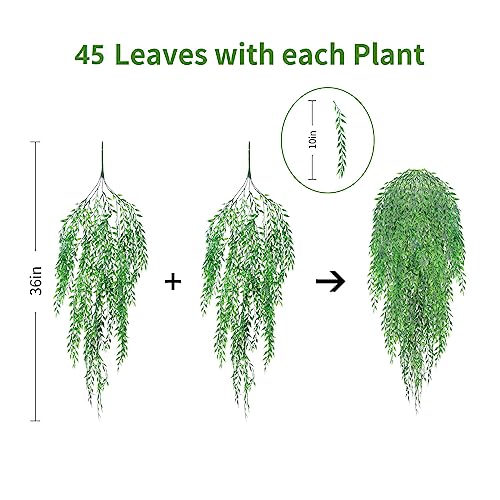 herfate Fake Garland Hanging Vines 4 PC Artificial Weeping Willow Leaves Fake Greenery Faux Plants Realistic Home Office Decoration Indoor Outdoor (Green) - Image 4