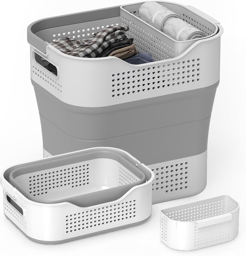 Jumix Collapsible Laundry Basket 11 Gallons 43L Laundry Basket Upgraded With a Storage Box Laundry Hamper for Laundry Room Organization Storage Foldable Clothes Hamper ContainerOrganizer - Image 1