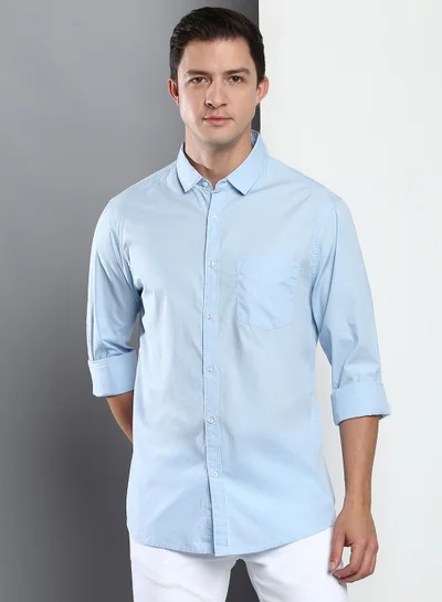 Dennis Lingo Men's Slim Fit Solid Light Blue Casual Spread Collar Shirt - 100% Cotton