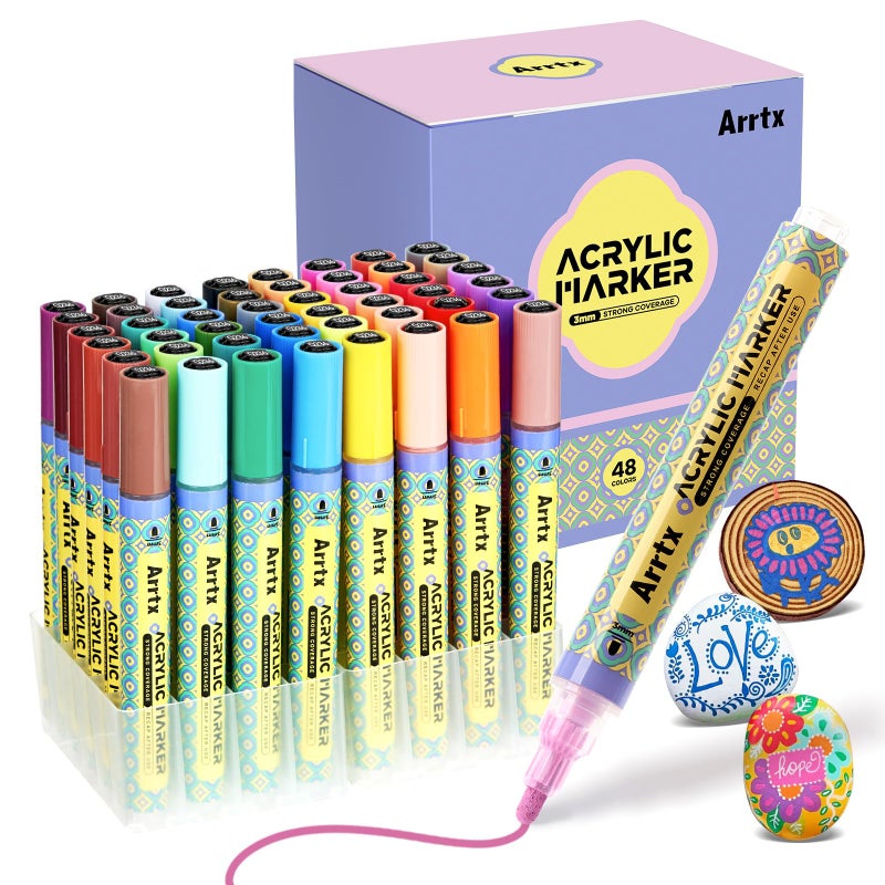 Arrtx 48 Colors Acrylic Paint Pens 3mm Medium Tip Paint Markers Paint Pens Non Toxic Waterbased Quick Drying for Artists Detailing Rock Painting Wood Canvas DIY Crafts Making Art Supplies - Image 2