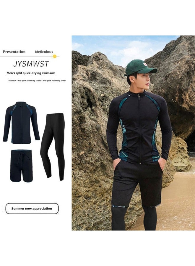Generic Sunscreen Quick-drying Diving Suit Men's Split Long-sleeved Trousers Snorkeling Jellyfish Suit Warm Swimwear For Couple Women's Surf Suit-Color:Men's Three-piece Set-Size:XL  - Image 1
