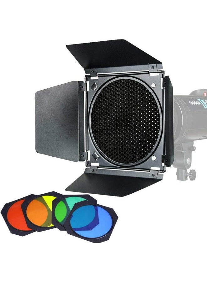 Godox BD-04 Barn Door with Honeycomb Grid and 4 Color Gel Filters(Red Yellow Blue Green) Compatible for Godox 7" Standard Reflectors for AD600B/AD600BM/AD600Pro/SL60W/SL150W/SL200W/MS200/MS300 - Image 1