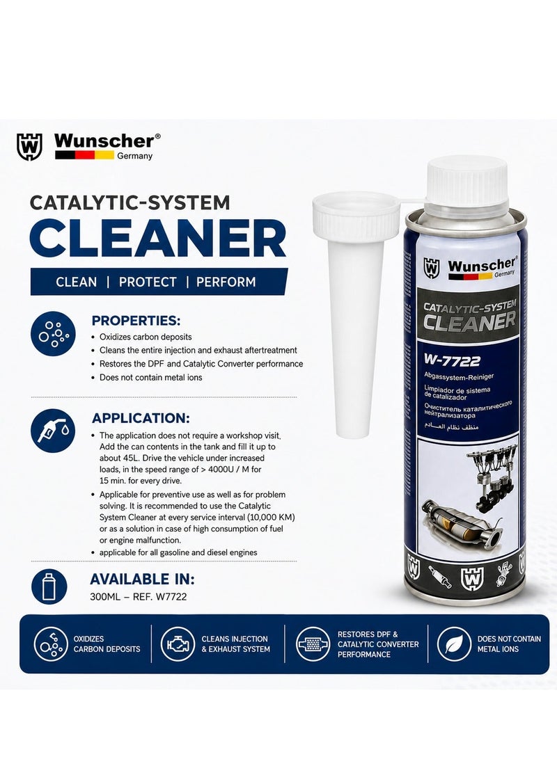 Wunscher W-7722 Catalytic System Cleaner 300ML for Petrol & Diesel Engines, Catalytic Converter, DPF, Injection & Exhaust System Cleaner, Carbon & Soot Deposit Cleaning Fuel Additive, Engine Maintenance Treatment - Image 2