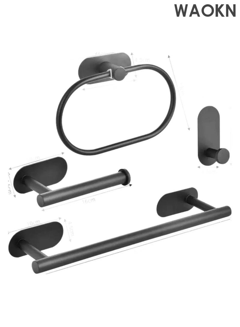 WAOKN 4-Pieces Matte Black Bathroom Hardware Set Adjustable Bathroom, Includes Adhesive Toilet Paper Holder, Adhesive Hand Towel Bar, Adhesive Robe Towel Hook ，Bathroom Accessories Kit - Image 1