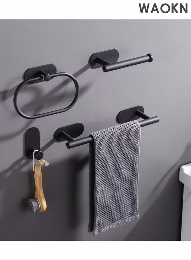 WAOKN 4-Pieces Matte Black Bathroom Hardware Set Adjustable Bathroom, Includes Adhesive Toilet Paper Holder, Adhesive Hand Towel Bar, Adhesive Robe Towel Hook ，Bathroom Accessories Kit - Image 3