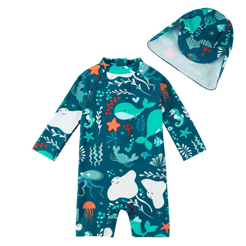 upandfast Infant Boy Swimsuit UPF 50+ Sun Protection Baby Boys' Swimwear One Piece Bathing Suit with Sun Hat (Green Whale, 3-6 Months) - Image 1