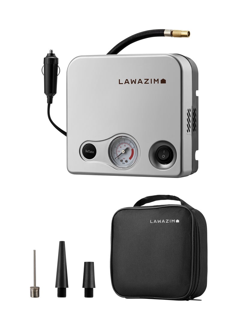 LAWAZIM Tire Inflator - Portable Air Compressor Pump with 3 Interchangeable Nozzles, Copper Tube Tip, Non-Slip Feet, and Carrying Case - Ideal for Inflating Car Bike Wheels and Tires and Sports Balls - Image 1