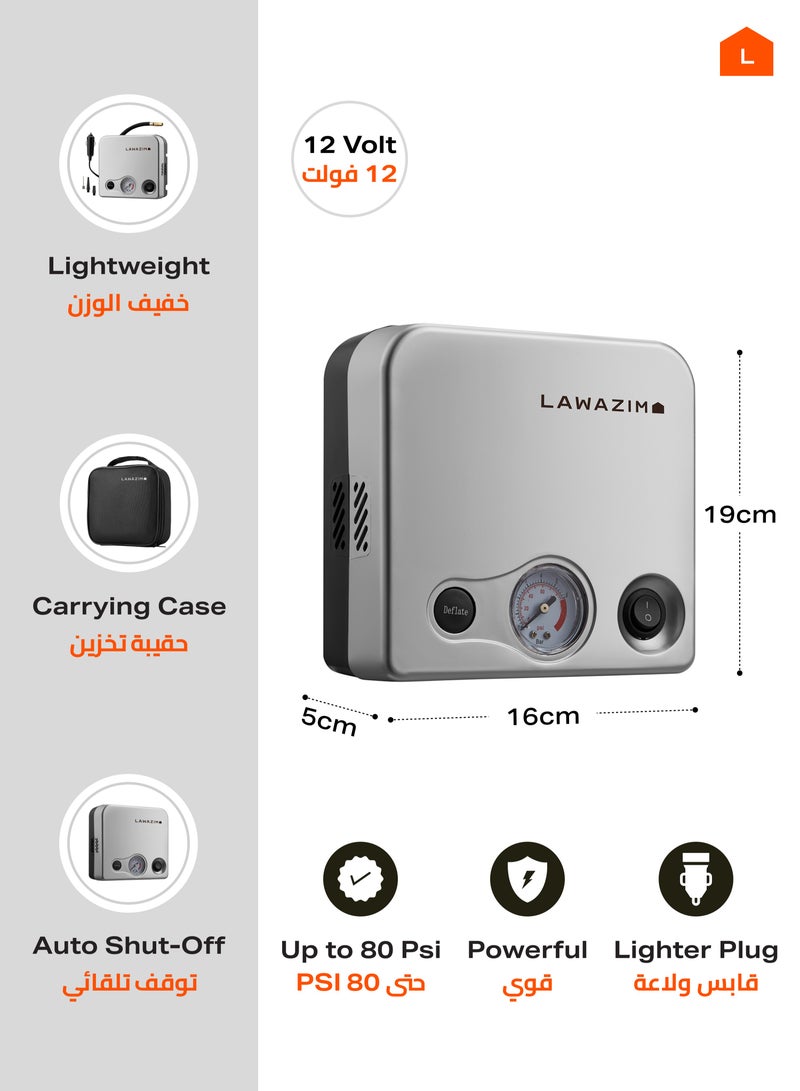 LAWAZIM Tire Inflator - Portable Air Compressor Pump with 3 Interchangeable Nozzles, Copper Tube Tip, Non-Slip Feet, and Carrying Case - Ideal for Inflating Car Bike Wheels and Tires and Sports Balls - Image 2