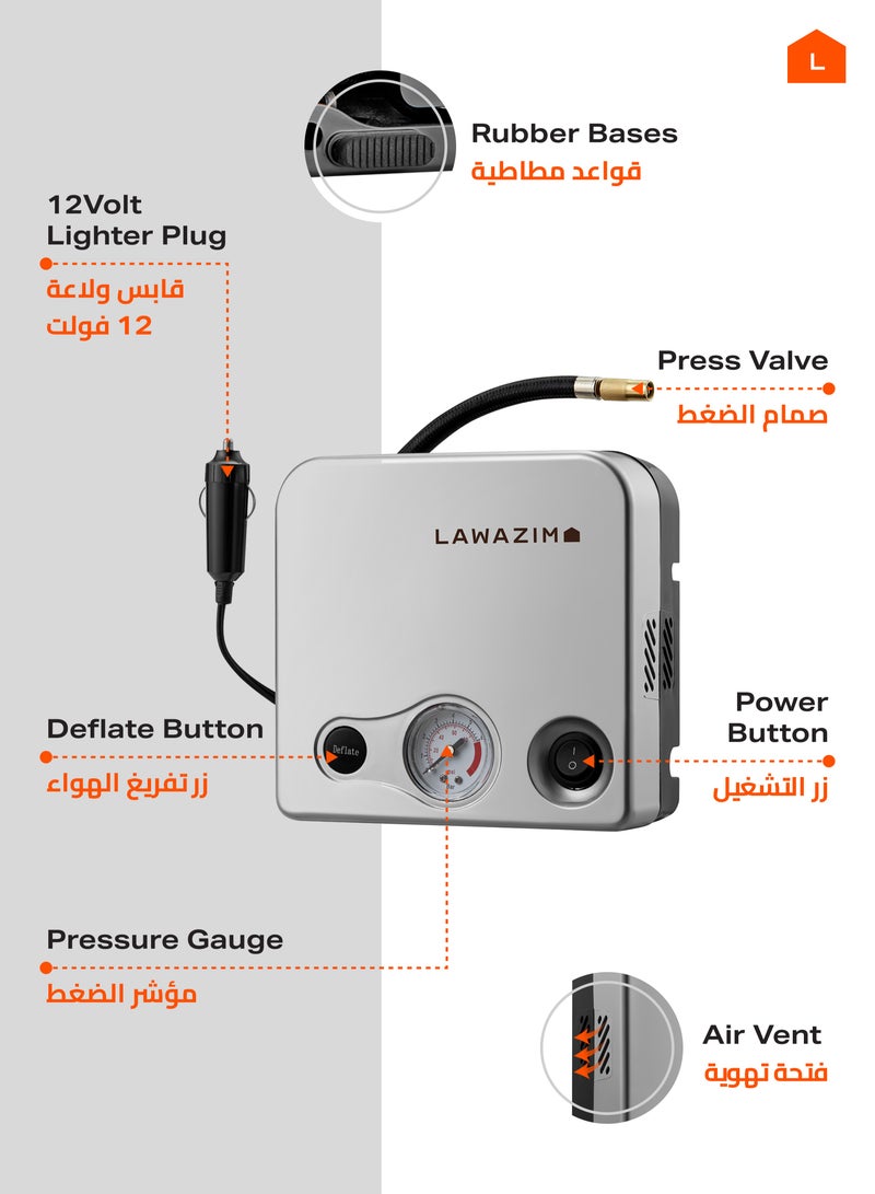 LAWAZIM Tire Inflator - Portable Air Compressor Pump with 3 Interchangeable Nozzles, Copper Tube Tip, Non-Slip Feet, and Carrying Case - Ideal for Inflating Car Bike Wheels and Tires and Sports Balls - Image 3