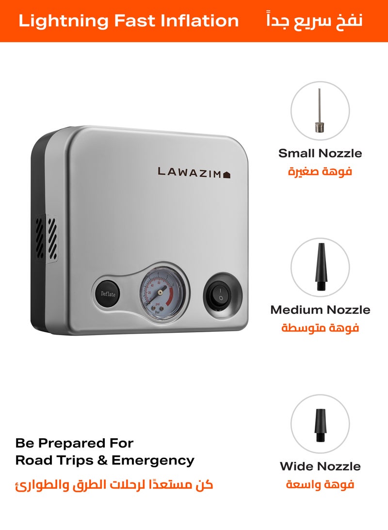 LAWAZIM Tire Inflator - Portable Air Compressor Pump with 3 Interchangeable Nozzles, Copper Tube Tip, Non-Slip Feet, and Carrying Case - Ideal for Inflating Car Bike Wheels and Tires and Sports Balls - Image 5
