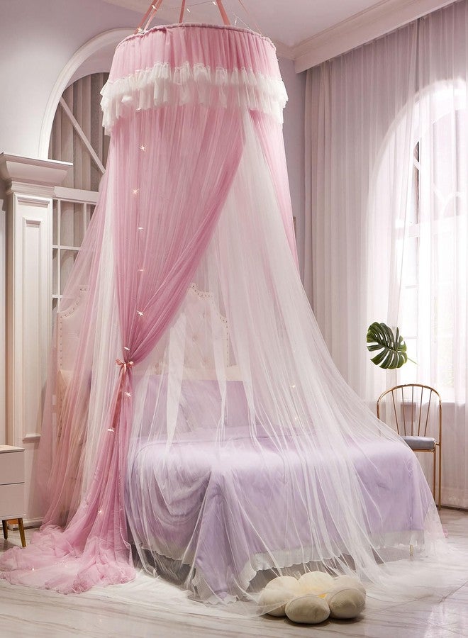 AIKASY Girls and Adults Canopy Bed, Elegant Double-Layer Bed Curtain, Children's Dream Round Lace Mosquito Net, Princess Canopy Net - Fits Twin, Full, Queen, and King Beds (White/Pink) - Image 2