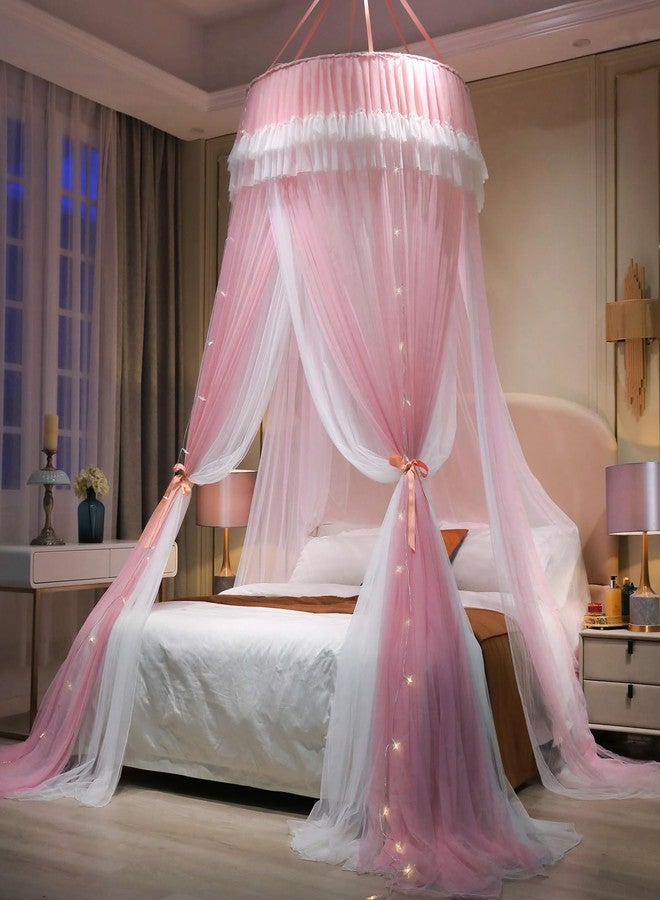 AIKASY Girls and Adults Canopy Bed, Elegant Double-Layer Bed Curtain, Children's Dream Round Lace Mosquito Net, Princess Canopy Net - Fits Twin, Full, Queen, and King Beds (White/Pink) - Image 3