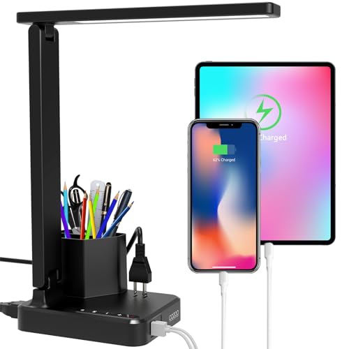 cozoo Desk Lamp,Desk Lamps for Home Office,COZOO LED Desk Lamp with 2 USB Charging Ports,2 Pen Holders,1 Outlet,3 Color 3 Brightness Levels,Touch/Memory/Timer,LED Desk Light Small Desk Lamp Kids Study Lamp - Image 1