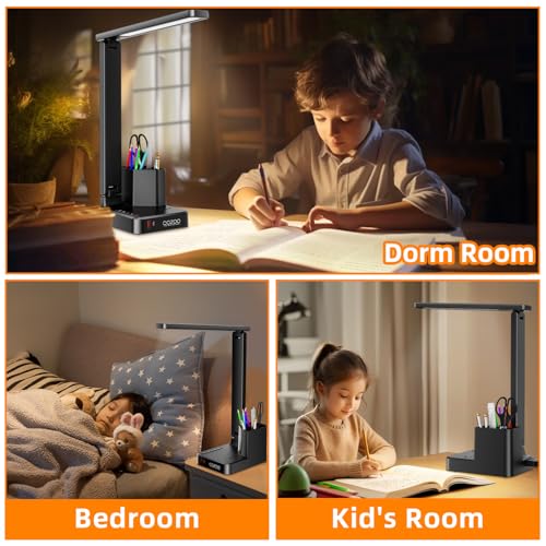 cozoo Desk Lamp,Desk Lamps for Home Office,COZOO LED Desk Lamp with 2 USB Charging Ports,2 Pen Holders,1 Outlet,3 Color 3 Brightness Levels,Touch/Memory/Timer,LED Desk Light Small Desk Lamp Kids Study Lamp - Image 5