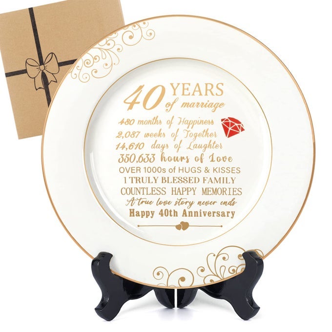40TH ANNIVERSARY WEDDING GIFTS FOR WIFE 40 YEAR ANNIVERSATY PLATE WITH 24K GOLD FOIL HAPPY DECORATIONS FOR COUPLE PARENTS HIM HER HUSBAND CERAMIC 9