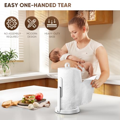 theaoo Heavy-Duty Stainless Steel Paper Towel Holder with Tension Arm – Easy One-Handed Tear, Modern Standing Countertop Dispenser for Kitchen, Holds All Paper Towel Rolls (1, White) - Image 3