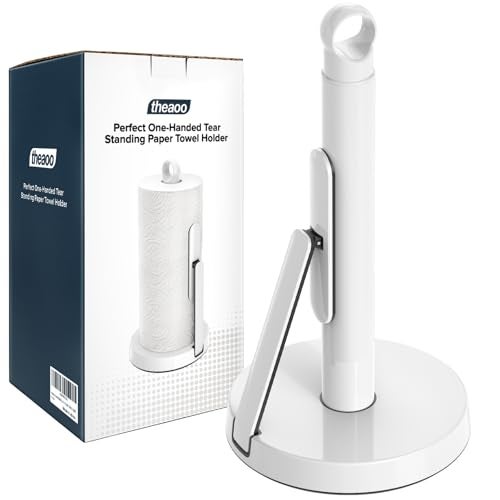 theaoo Heavy-Duty Stainless Steel Paper Towel Holder with Tension Arm – Easy One-Handed Tear, Modern Standing Countertop Dispenser for Kitchen, Holds All Paper Towel Rolls (1, White) - Image 1