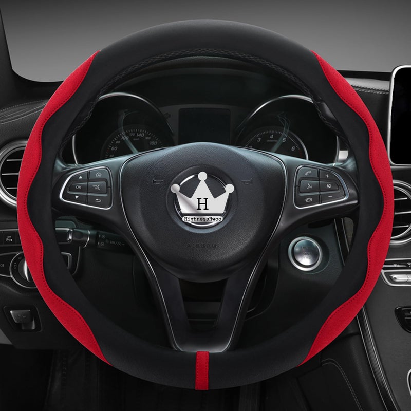 HighnessHwoo Luxury Suede Steering Wheel Cover for Cars Soft Leather Padded Wheels Cover for Sedan SUV Auto Interior Accessories Thin Car Handle Cover Universal Fit Anti Slip 1415in Red