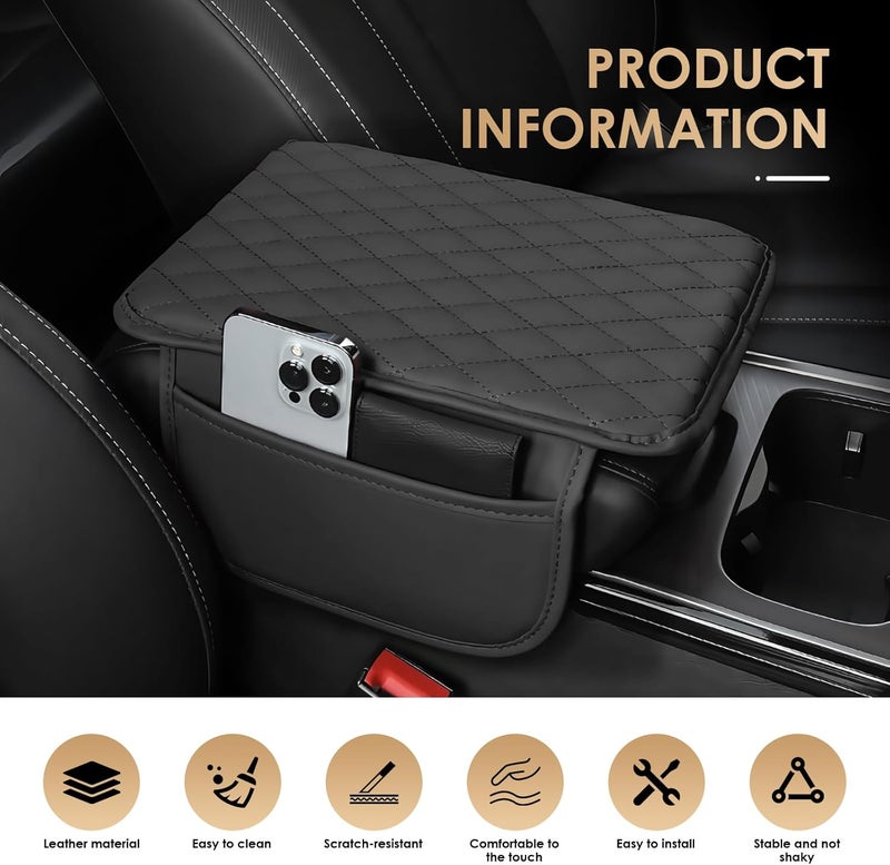 AMZAUTO Car Center Console Cover, Leather Car Arm Rest Cover with 2 Storage Bags, Universal Auto Armrest Cushion Pad, Automobile Interior Accessories Protector for Most Vehicles, SUVs, Trucks (Black) - Image 5