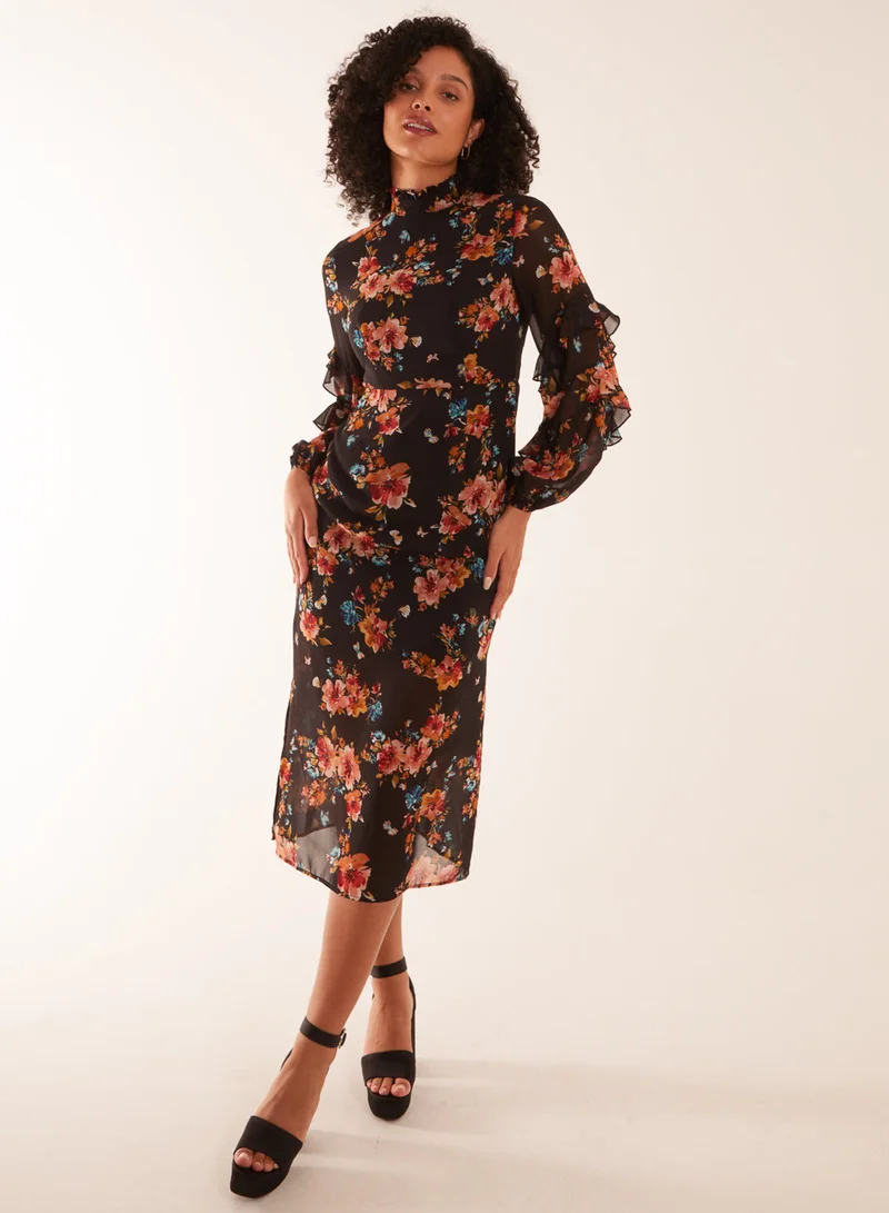 Blue Vanilla Floral Printed High Neck Midi Dress With Frill Sleeve Details
