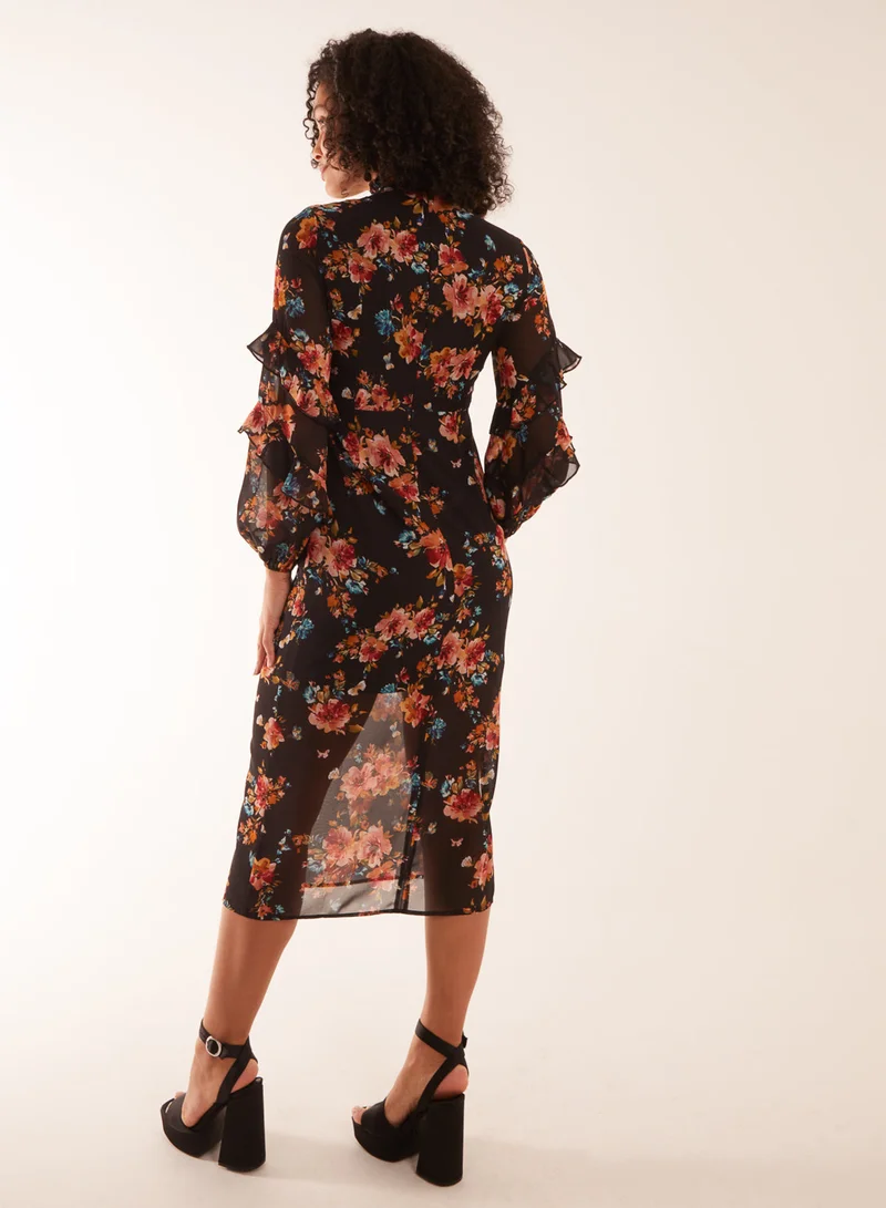 Blue Vanilla Floral Printed High Neck Midi Dress With Frill Sleeve Details