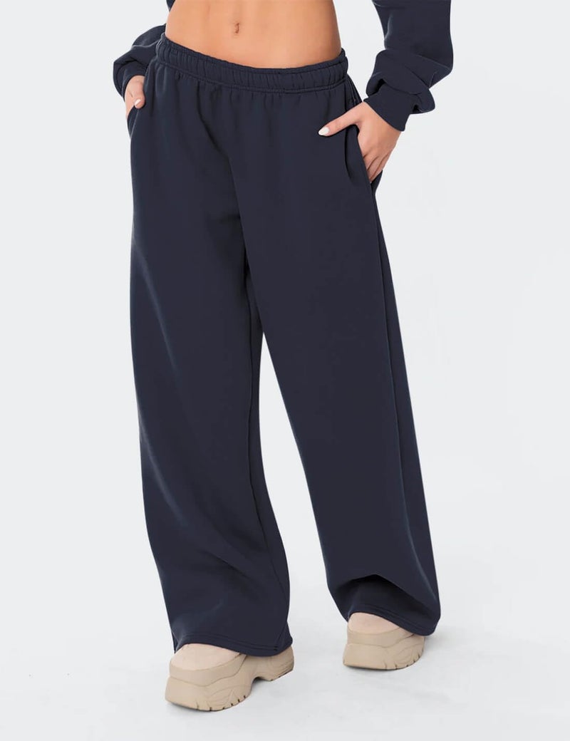 HeSaYep Women's Fleece Lined Sweatpants Wide Leg Baggy High Waisted Sweat Pants Drawstring Lounge Trousers Y2K Straight Leg Sherpa Pants Navy Blue XS - Image 4