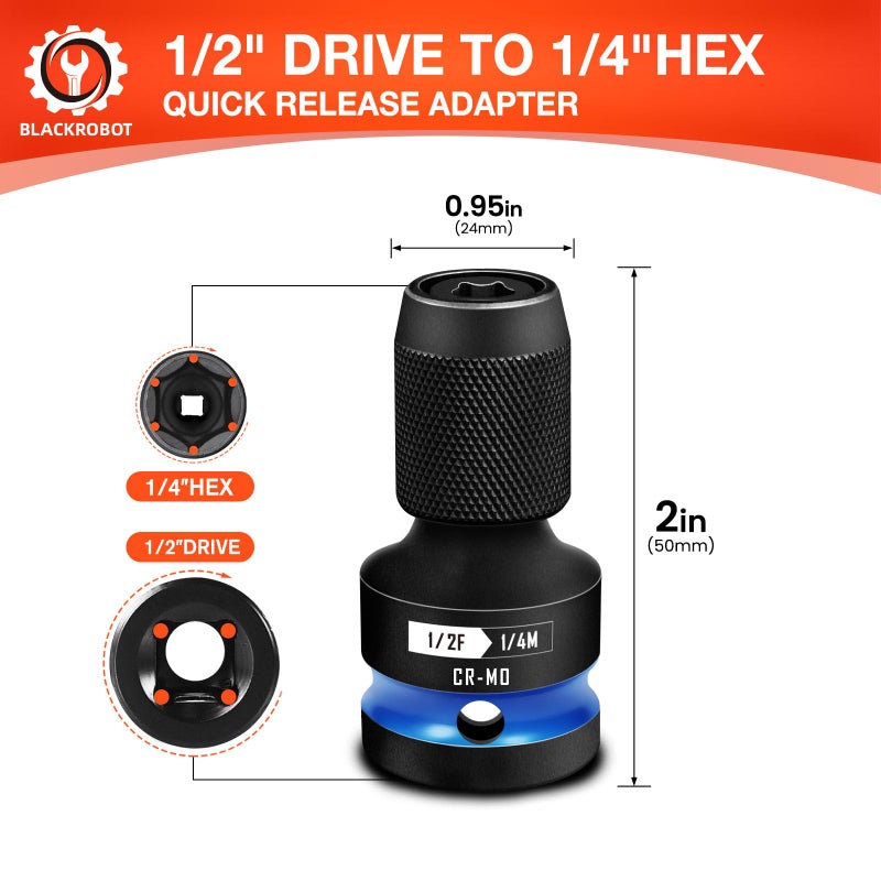 BLACKROBOT Quick Release Impact Bit Holders 1/2-Inch Square Drive to 1/4-Inch Hex Socket Adapter, CR-MO Steel, Blue - Image 2