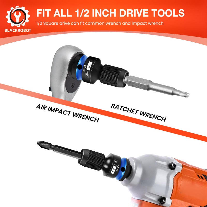 BLACKROBOT Quick Release Impact Bit Holders 1/2-Inch Square Drive to 1/4-Inch Hex Socket Adapter, CR-MO Steel, Blue - Image 5